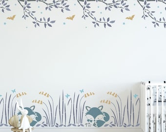 Fox and Owl Border Wall Stencil Set - Fox Stencil Border & Owl Border Stencils to decorate your Nursery or Baby Room - Nursery Decor - 10968