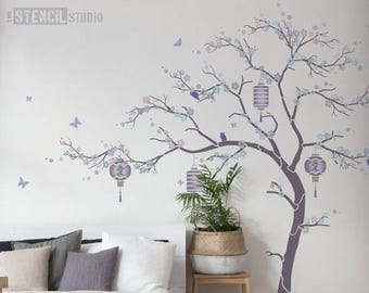 Japanese Cherry Blossom Sakura and lanterns Tree Stencil Pack - Wall Stencils - Wall Mural Stencil - Large Wall Stencil 10672