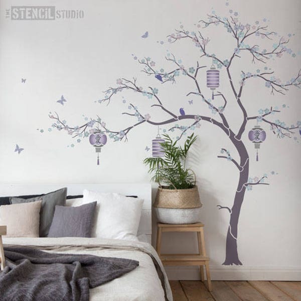 Japanese Cherry Blossom Sakura et lanternes Tree Stencil Pack - Wall Stencils - Wall Mural Stencil - Large Wall Stencil 10672