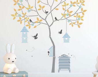 Tree Stencils - Nursery Stencils - Wall Mural Stencils - Round Tree with Bees, Birdhouses, Birds and Leaves - Complete Stencil Pack 10979