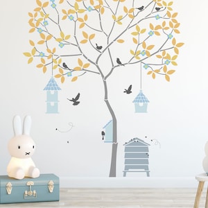 Tree Stencils Nursery Stencils Wall Mural Stencils Round Tree with Bees, Birdhouses, Birds and Leaves Complete Stencil Pack 10979 image 1