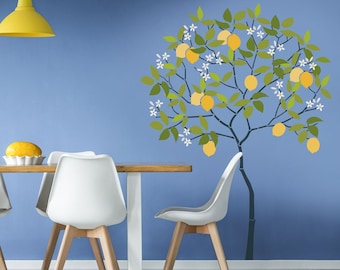 Wall Mural Reusable Wall Stencil - Lemon Tree Stencil - Tree Stencils - Round Tree with Lemons, blossom and Leaves - Stencil Pack 10988