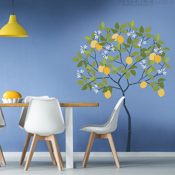 Lemon Tree Stencil - Tree Stencils - Wall Mural Stencils - Round Tree with Lemons, blossom and Leaves - Complete Stencil Pack 10988