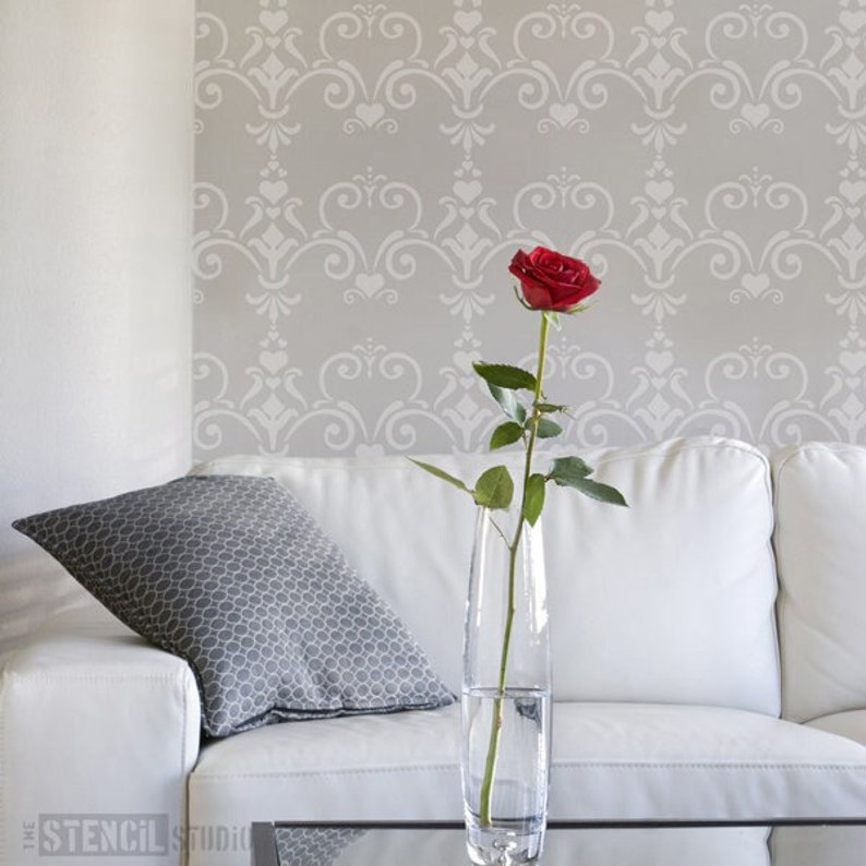 Love Damask Stencil Heart Stencils Nursery Wall Stencils Wallpaper Stencils Damask Stencils Pattern Stencils 10102 image 1