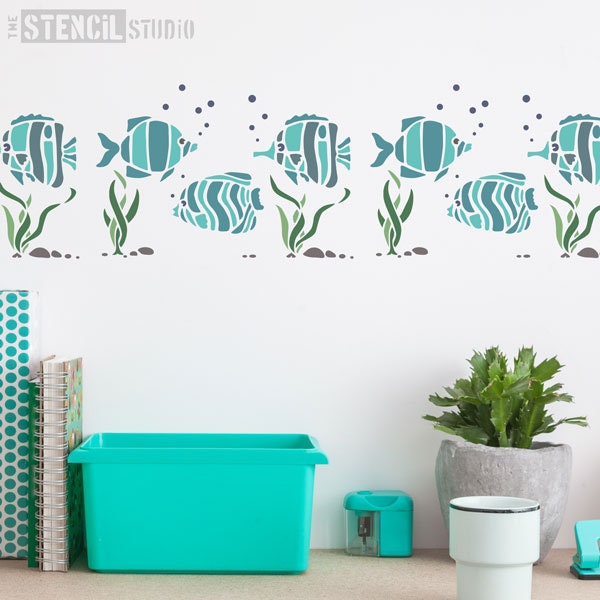 Tropical Fish Border Stencil from The Stencil Studio. Fishy Stencil. Bathroom stencils. Wall stencils for home decor. Reusable - 10441