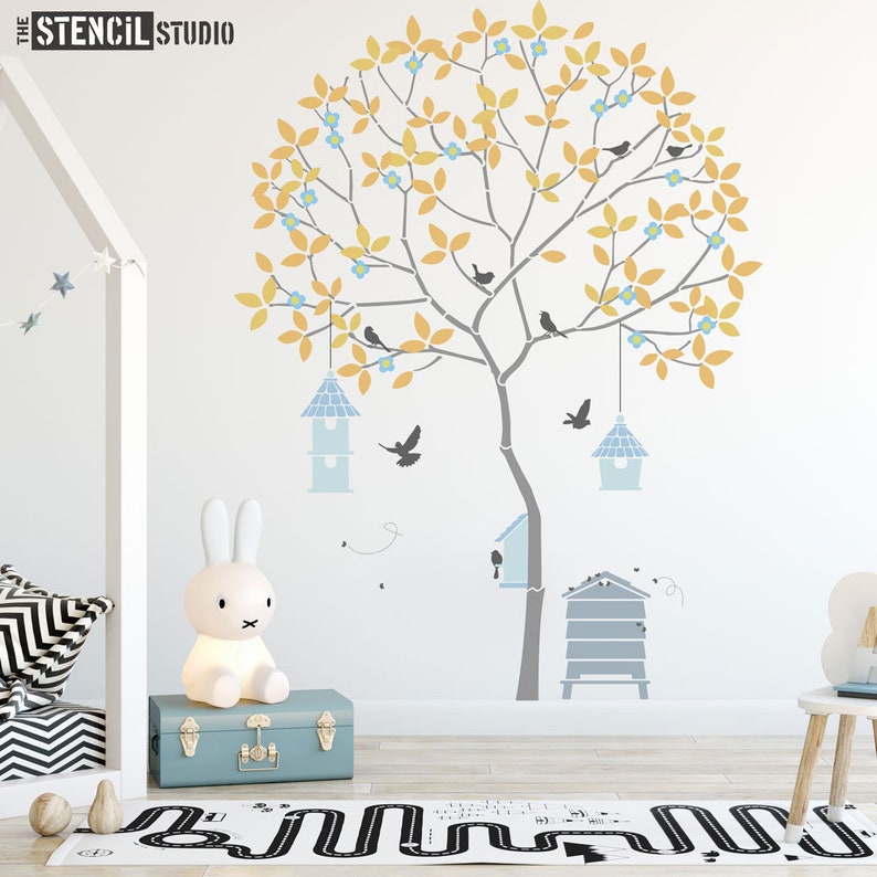Tree Stencils Nursery Stencils Wall Mural Stencils Round Tree with Bees, Birdhouses, Birds and Leaves Complete Stencil Pack 10979 image 1