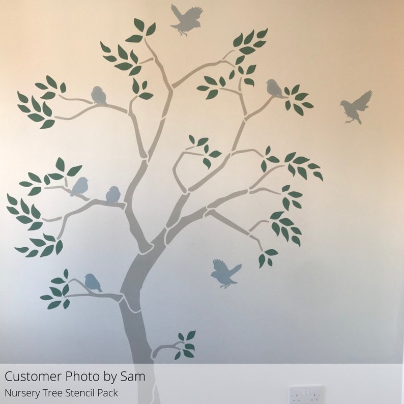 Customer photo of our nursery Tree Wall Stencil used to decorate a plain wall