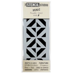 May include: A black and white geometric stencil with a repeating pattern of triangles and squares. The stencil is packaged in a clear plastic sleeve with a white label that reads "THE STENCIL STUDIO MINIS Reusable Stencil inside". The label also lists suggested uses for the stencil, including crafts, cards, furniture, embossing, cakes, and cookies.