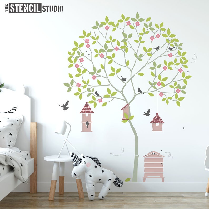 Tree Stencils Nursery Stencils Wall Mural Stencils Round Tree with Bees, Birdhouses, Birds and Leaves Complete Stencil Pack 10979 image 2