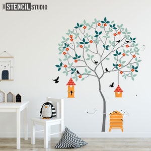 Tree Stencils Nursery Stencils Wall Mural Stencils Round Tree with Bees, Birdhouses, Birds and Leaves Complete Stencil Pack 10979 image 4