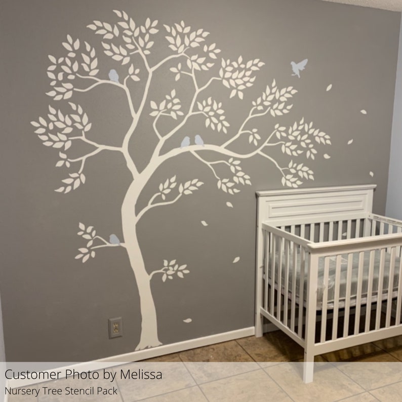 Customer photo of our Nursery Tree Wall Stencil used to decorate a wall in a Nursery