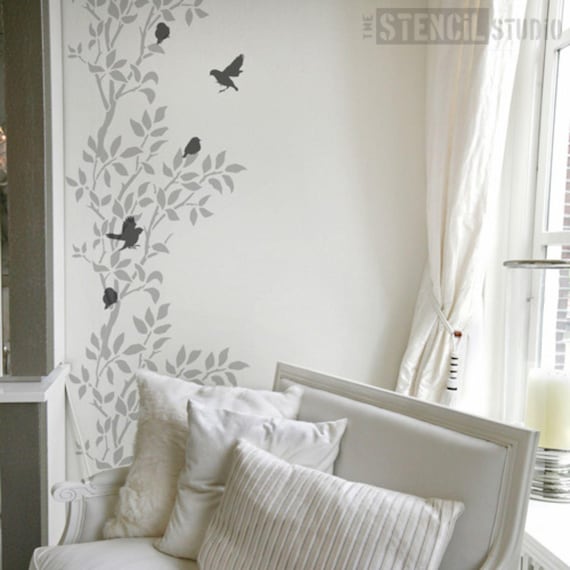 Sparrows & Branch Decorative Stencil - Large Reusable Creative Wall Stencil for Painting - Home Decorating Makeovers with Stencils - 10219XL