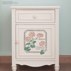 Rosat Geranium Stencil - French Label Stencil from The Stencil Studio. Reusable shabby chic stencils for home and craft 10649