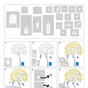Tree Stencils Nursery Stencils Wall Mural Stencils Round Tree with Bees, Birdhouses, Birds and Leaves Complete Stencil Pack 10979 image 8