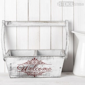Vintage Welcome Stencil - home decoration stencils from The Stencil Studio. Reusable shabby chic stencils 10645