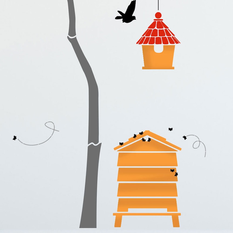 Tree Stencils Nursery Stencils Wall Mural Stencils Round Tree with Bees, Birdhouses, Birds and Leaves Complete Stencil Pack 10979 image 5