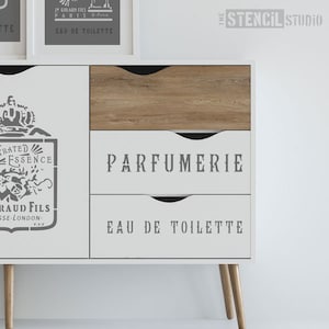 Parfumerie text Stencil - shabby chic home decoration stencils from The Stencil Studio. Reusable shabby chic stencils 10653