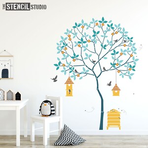 Tree Stencils Nursery Stencils Wall Mural Stencils Round Tree with Bees, Birdhouses, Birds and Leaves Complete Stencil Pack 10979 image 3