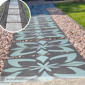 May include: A before and after image of a concrete path. The path is made of individual concrete slabs. The before image shows the slabs in their natural grey colour. The after image shows the slabs painted with a teal and black geometric pattern. The caption reads "@colourmadetheroom Miserden Tile Stencil".