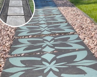 May include: A before and after image of a concrete walkway. The walkway is made of individual concrete slabs. The before image shows the slabs in their natural gray color. The after image shows the slabs painted with a teal and black geometric pattern. The caption reads "@colourmadetheroom Miserden Tile Stencil".