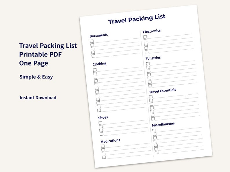 Travel Packing List Printable PDF | Vacation Checklist | Travel Planner ...