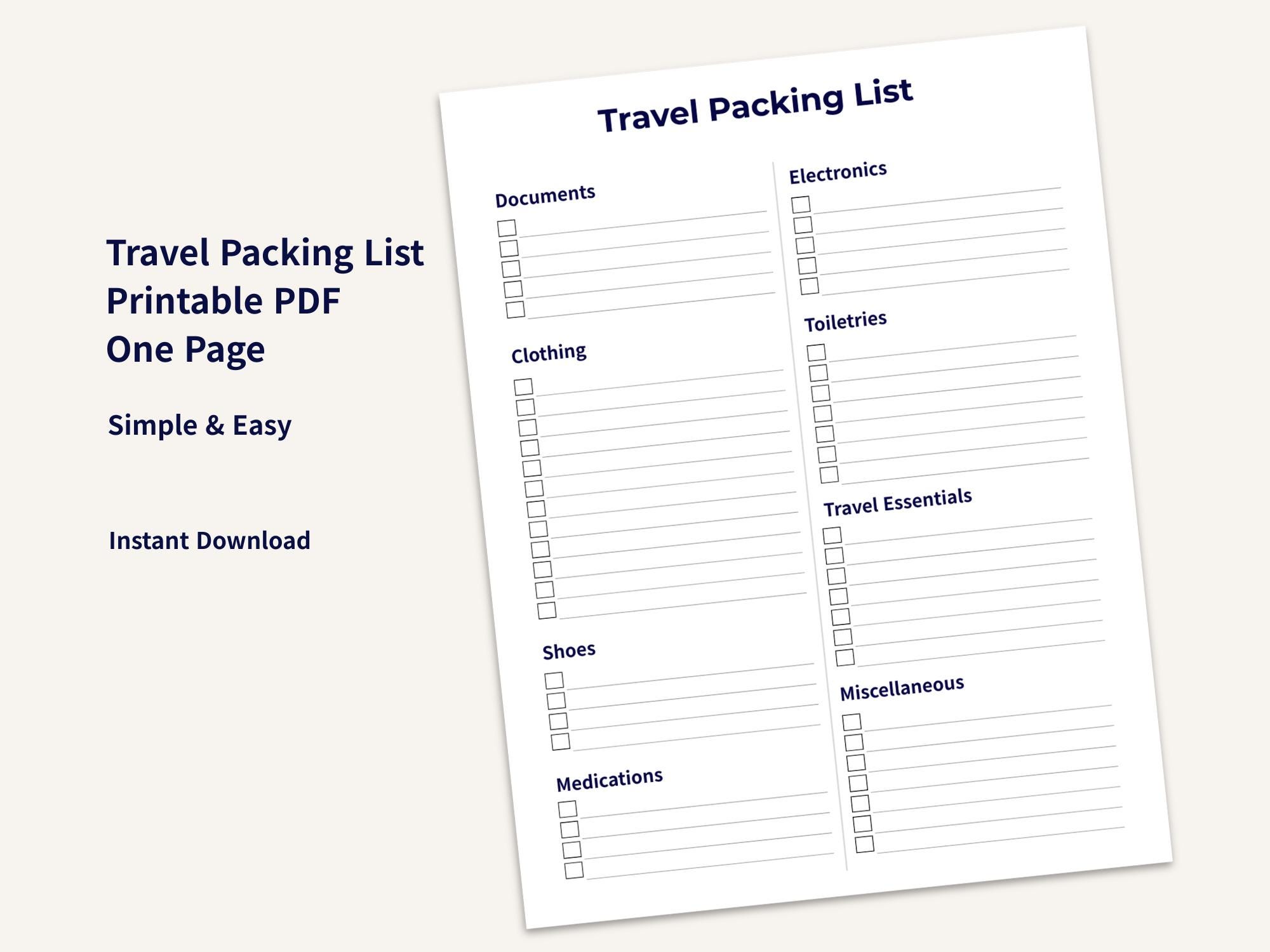 Travel Packing List Printable PDF | Vacation Checklist | Travel Planner ...