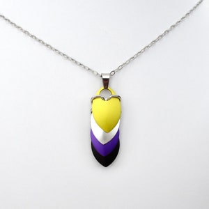 Nonbinary pendant necklace, chainmail scale pendant, pride jewelry yellow, white, purple, black image 8