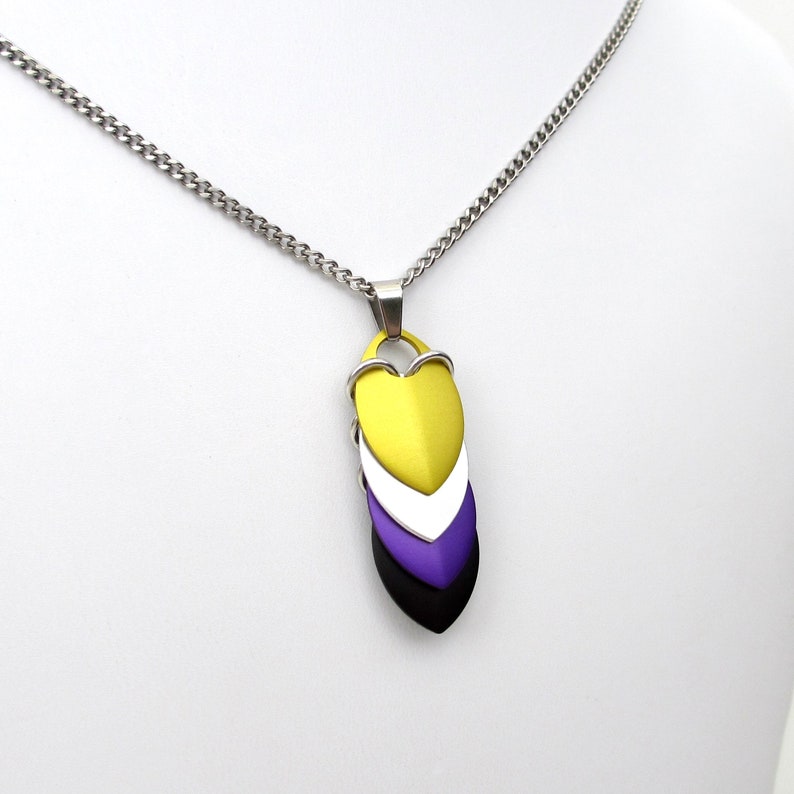 Nonbinary pendant necklace, chainmail scale pendant, pride jewelry yellow, white, purple, black image 7