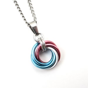 Transgender pride pendant necklace, chainmail love knot, trans pride jewelry, pink white blue