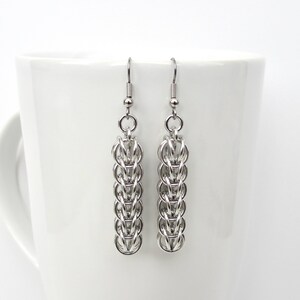 May include: A pair of silver-colored chainmail earrings. Each earring features a series of interlocking metal rings, forming a vertical, elongated design. The earrings hang from a simple hook. The background is a white mug.