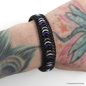 Ace pride bracelet, stretchy chainmail bracelet, asexual pride jewelry; black, gray, white, purple