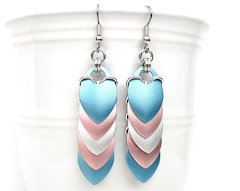 Transgender earrings, 5 stripe trans pride flag, LGBTQ chainmail scales jewelry