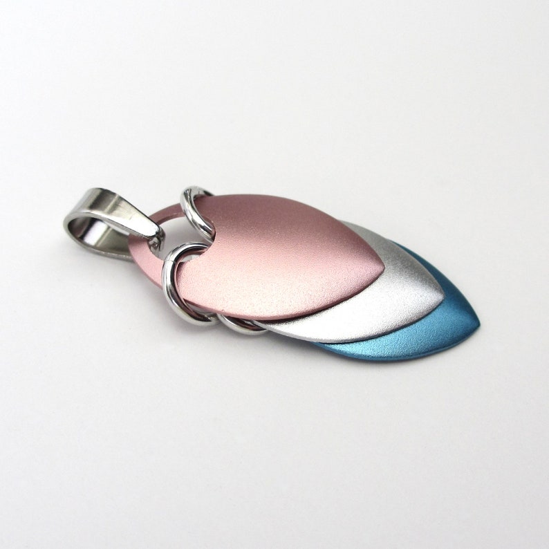 Transgender pride pendant necklace, chainmail scale pendant, trans pride jewelry, pink, white, light blue image 8