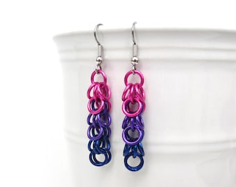 Bi pride chainmaille earrings, shaggy loops weave, pink, purple & blue bisexual pride jewelry