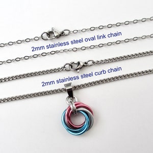 Transgender pride pendant necklace, chainmail love knot, trans pride jewelry, pink white blue image 4