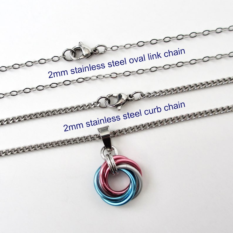 Transgender pride pendant necklace, chainmail love knot, trans pride jewelry, pink white blue image 4