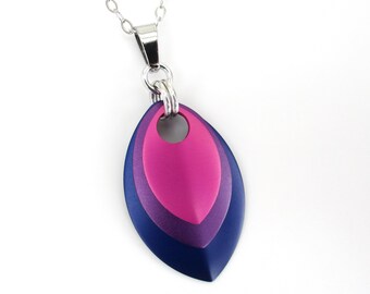 Bisexual pride pendant necklace, LGBTQ chainmail scale jewelry, bi flag accessories, optional steel chain