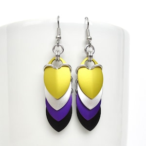 Nonbinary pride earrings, chainmail scales jewelry in yellow white purple black flag colors