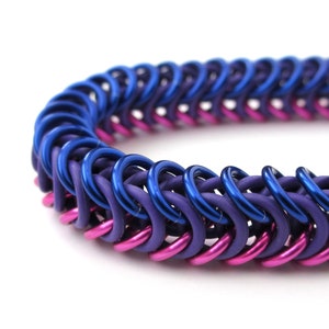 Bi pride chainmaille bracelet, stretchy box chain, bisexual jewelry; pink, purple, and blue