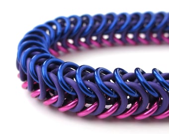 Bi pride chainmaille bracelet, stretchy box chain, bisexual jewelry; pink, purple, and blue