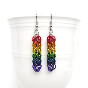 LGBTQ pride earrings, rainbow chainmail gay pride jewelry, full Persian weave
