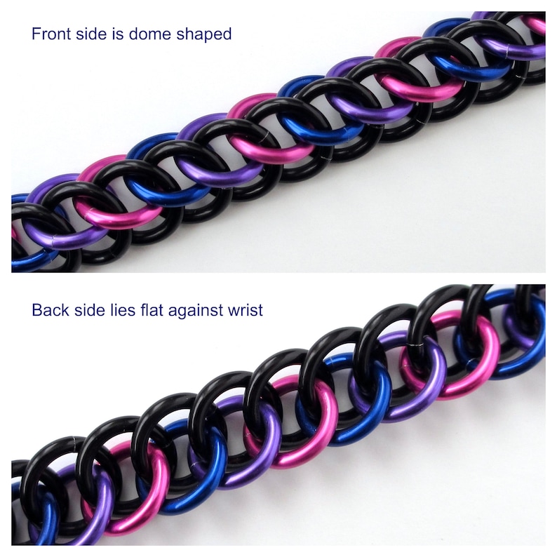 May include: A black, blue, and pink chainmail bracelet. The front side of the bracelet is dome shaped, while the back side lies flat against the wrist.