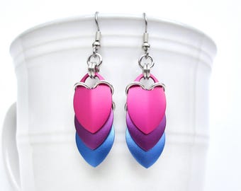 Bi Pride Earrings, Pink Purple & Blue Bisexual Flag Jewelry - Lightweight Anodized Aluminum Chainmail Scales