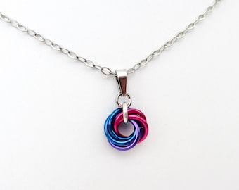 Tiny bisexual pride pendant, chainmail love knot, bi pride jewelry