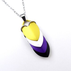 Nonbinary pendant necklace, chainmail scale pendant, pride jewelry yellow, white, purple, black image 10