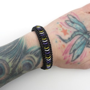 Nonbinary pride bracelet, stretchy chainmail Euro 6 in 1 weave, yellow white purple black