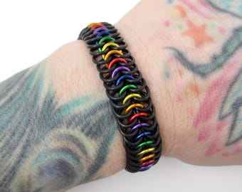 Stretchy rainbow bracelet, gay pride jewelry, chainmail Euro 6 in 1 weave, LGBTQIA gifts