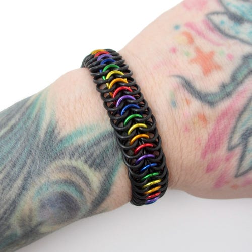 Stretchy rainbow bracelet, gay pride jewelry, chainmail Euro 6 in 1 weave, LGBTQIA gifts