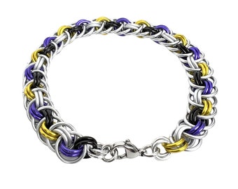 Nonbinary pride bracelet, chainmaille Viper Basket weave jewelry