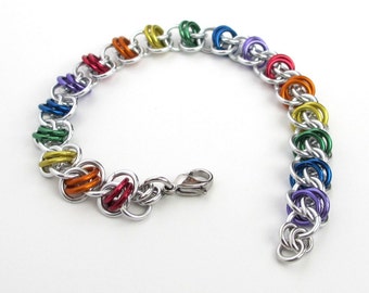 Gay pride bracelet, LGBT chainmaille bracelet, rainbow jewelry, barrel weave chainmaille